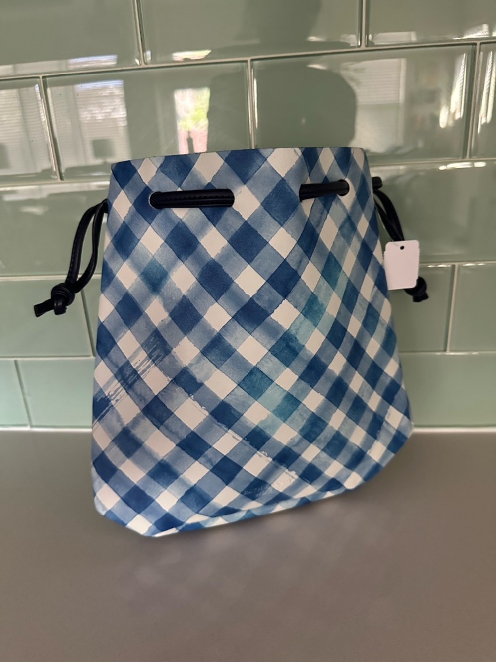 Bath & Body Works Blue and White Gingham Drawstring Bag NWT